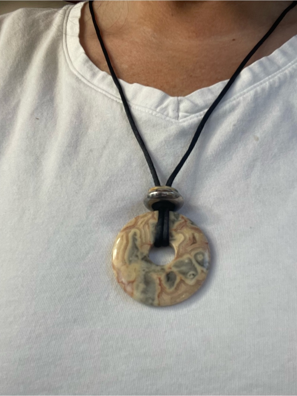 Crazy Lace Agate Medallion Necklace Silk Cord Statement Necklace